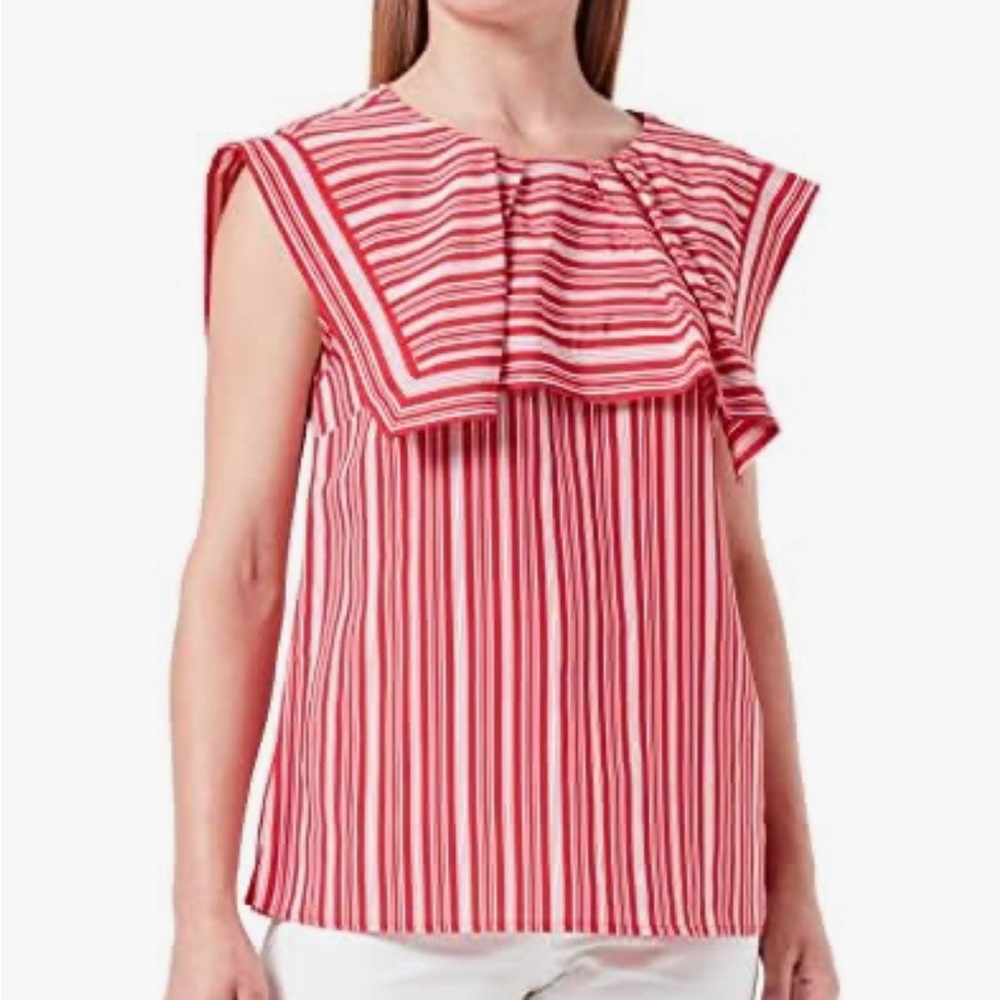 Striped Sleeveless Blouse with Bib Collar